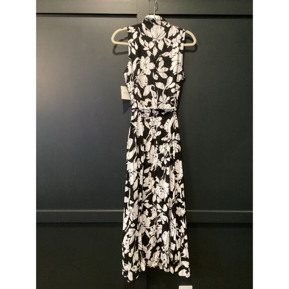 Ellen Tracy Sleeveless midi Shirt Dress Self Tie Sash black white floral blossom - Picture 12 of 12